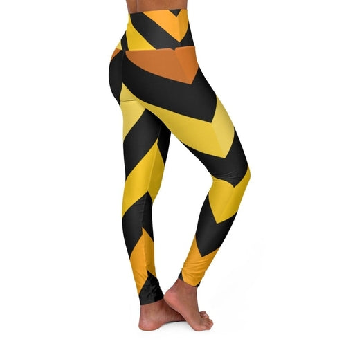 High Waisted Yoga Pants - Black and Yellow Herringbone Style Sports