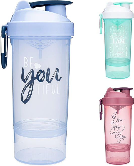 Shaker Bottle with Motivational Quotes | 27 Ounce Protein Shaker Cupwith Mixer Net | Attachable Container Storage for Protein or Supplements | Perfect Fitness Gift | Beyoutiful - Blue