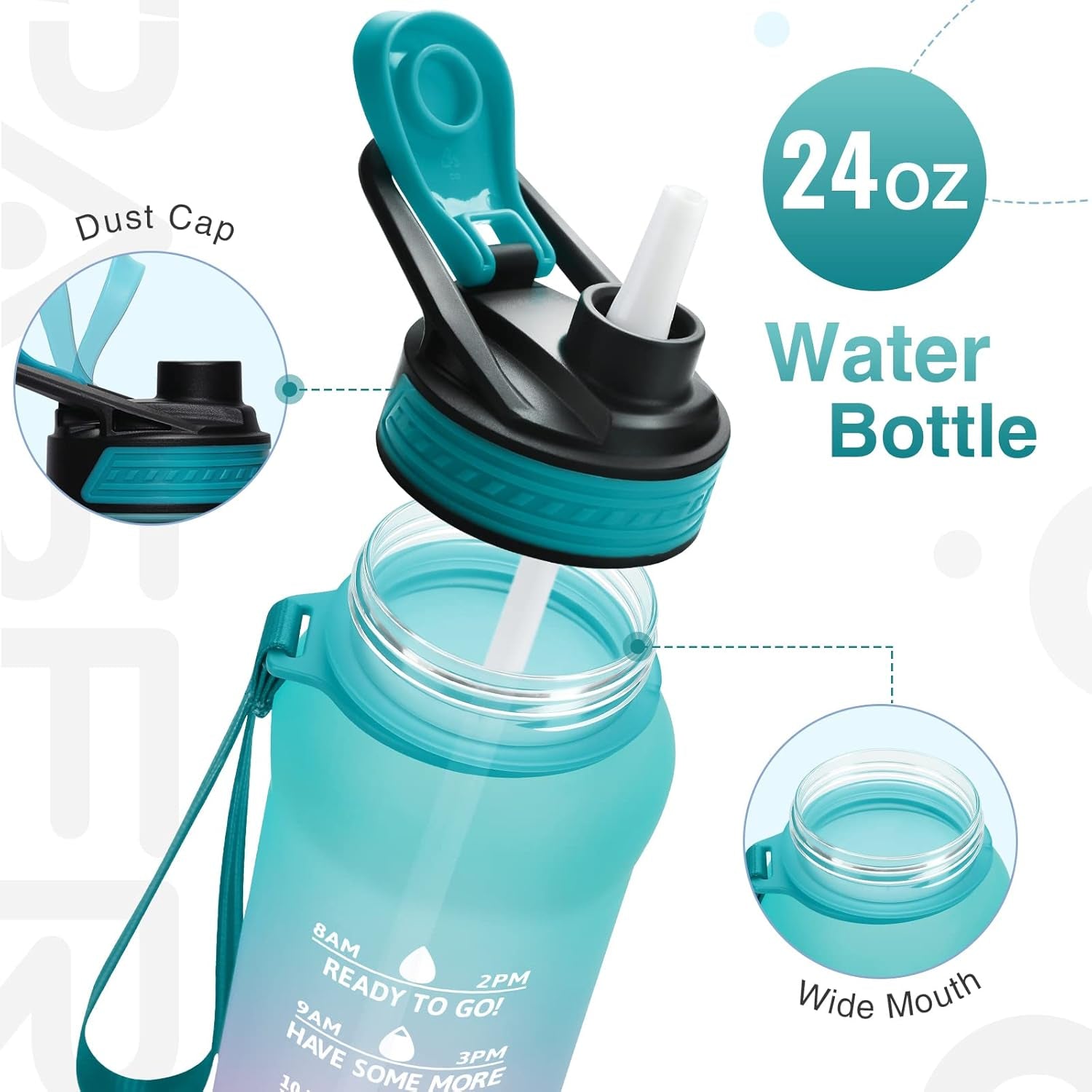 PASER 24/32 Oz Motivational Water Bottle with Time to Drink, Removable Straw & Time Marker, Tritan Bpa-Free, Flip Lid Fast Flow & Leak Proof Water Jug for School, Office, Fitness, Outdoor Sports…