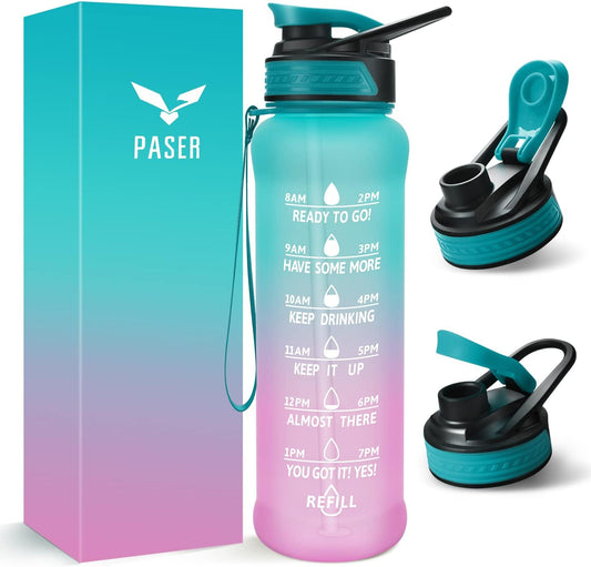 PASER 24/32 Oz Motivational Water Bottle with Time to Drink, Removable Straw & Time Marker, Tritan Bpa-Free, Flip Lid Fast Flow & Leak Proof Water Jug for School, Office, Fitness, Outdoor Sports…