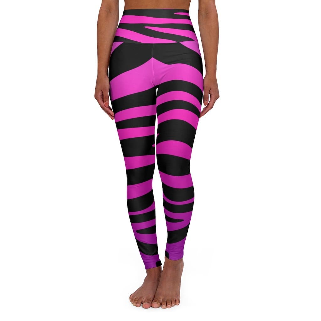 High Waisted Yoga Leggings - Purple and Black Stripes