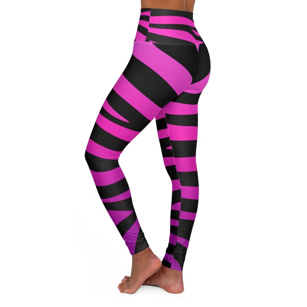 High Waisted Yoga Leggings - Purple and Black Stripes