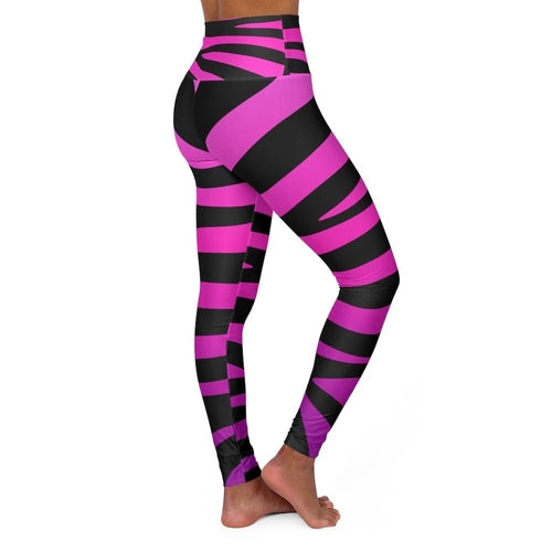 High Waisted Yoga Leggings - Purple and Black Stripes
